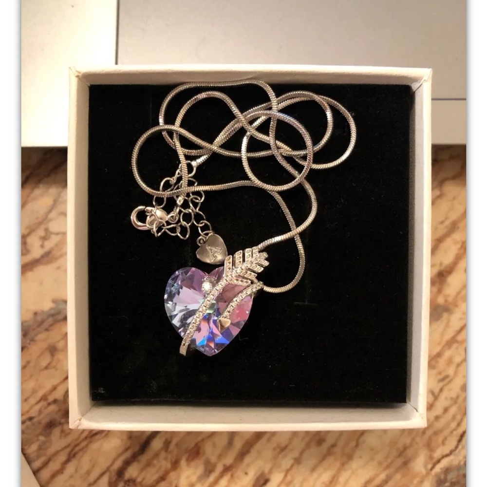 SUE’S SECRET Purple Heart Of Arrow Crystal Necklace 925 Sterl Silver